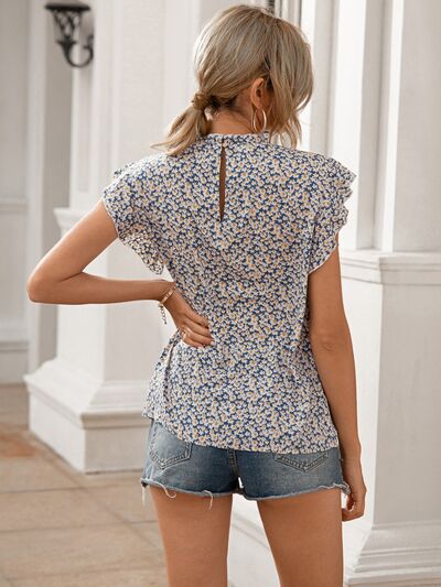 Ditsy Floral Mock Neck Cap Sleeve T-Shirt